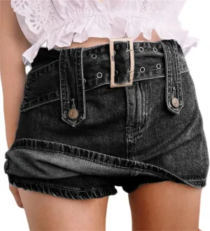 Mmoneyake Women Sexy Short Jeans Skirts Low Waist Denim Shorts with Belt Buckled Belt Drop Waist Straight Denim Skirt