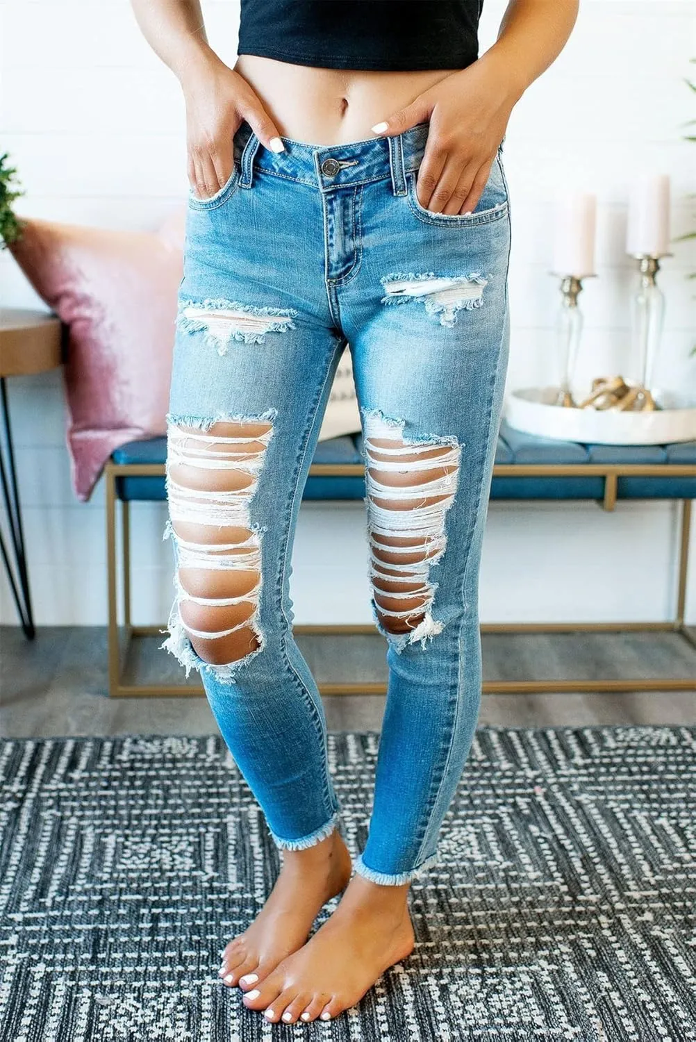 Mmoneyake Women's Destroyed Ripped Jeans Long Stretch Pencil Jeans High Waisted Slim Fit Jeans Boyfriend Jeans Distressed