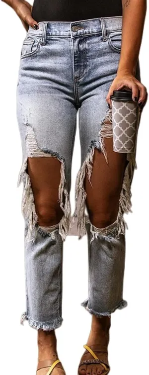 Mmoneyake Women's Destroyed Ripped Jeans Long Stretch Pencil Jeans High Waisted Slim Fit Jeans Boyfriend Jeans Distressed
