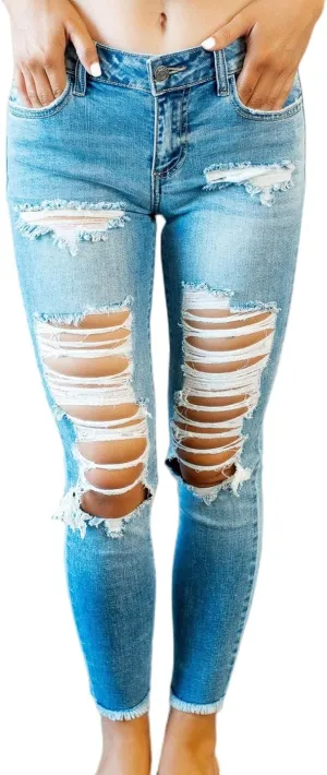 Mmoneyake Women's Destroyed Ripped Jeans Long Stretch Pencil Jeans High Waisted Slim Fit Jeans Boyfriend Jeans Distressed