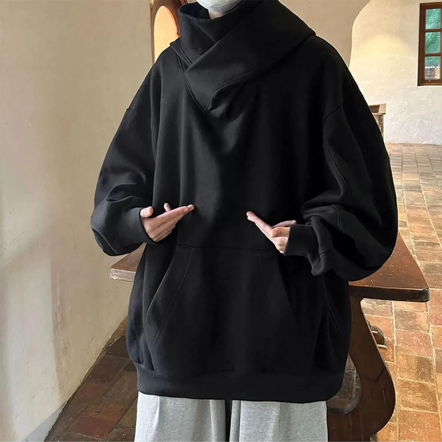 Ninja Hoodie Men Double Neckline Harajuku Cotton Pullover Sweatshirts Windproof Hip Hop Balaclava Fleece Lined Hoodies