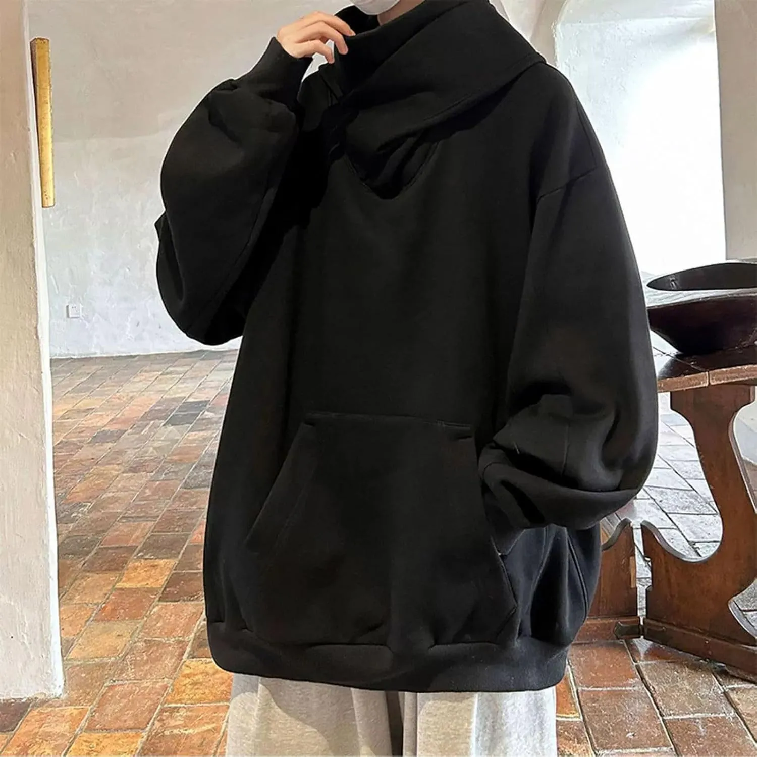 Ninja Hoodie Men Double Neckline Harajuku Cotton Pullover Sweatshirts Windproof Hip Hop Balaclava Fleece Lined Hoodies