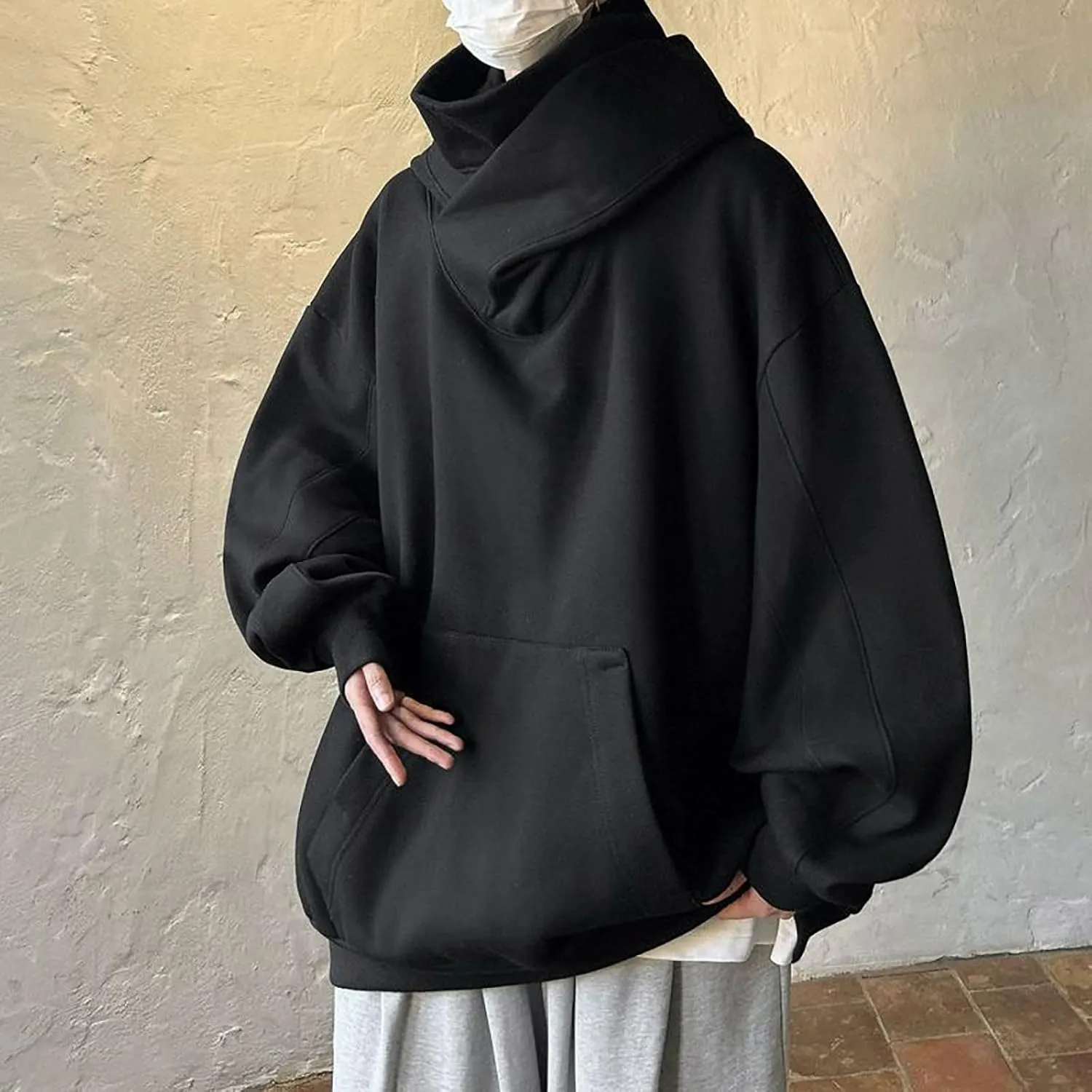 Ninja Hoodie Men Double Neckline Harajuku Cotton Pullover Sweatshirts Windproof Hip Hop Balaclava Fleece Lined Hoodies