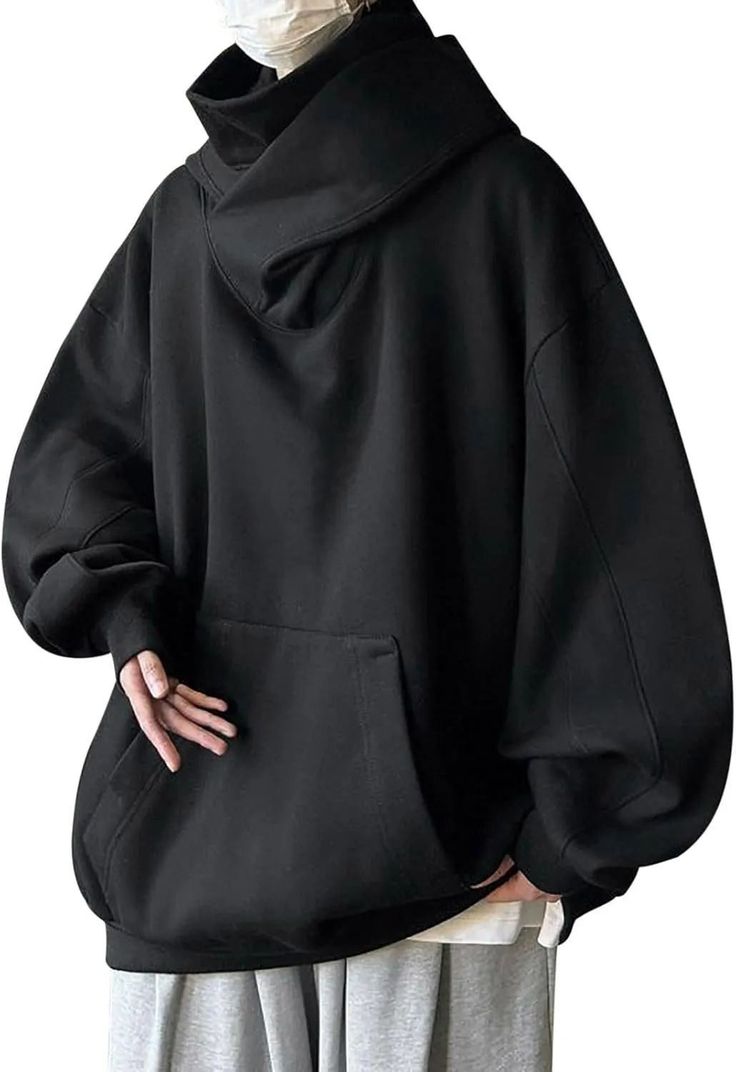 Ninja Hoodie Men Double Neckline Harajuku Cotton Pullover Sweatshirts Windproof Hip Hop Balaclava Fleece Lined Hoodies