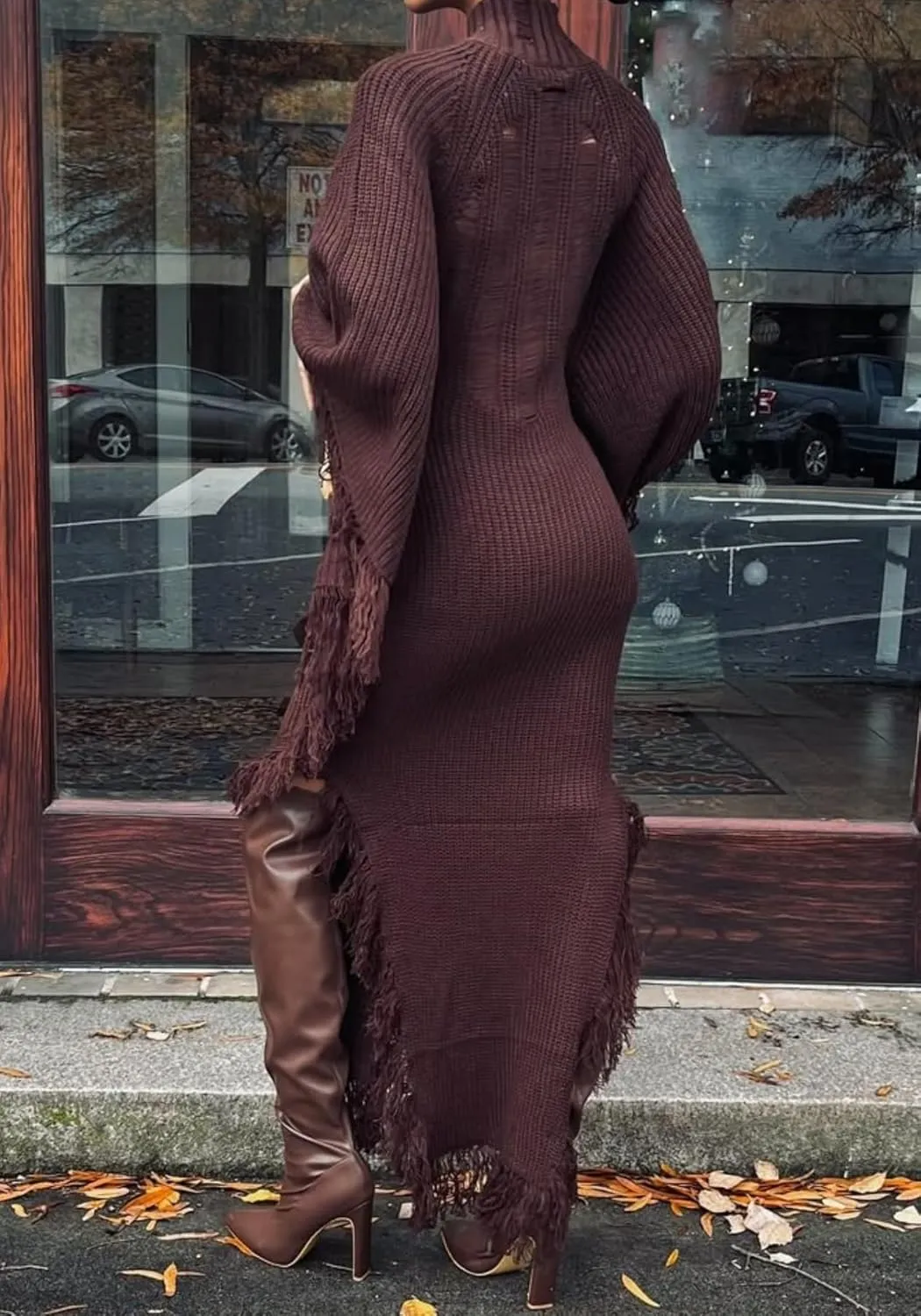 NRTHYE Women Fringe Long Sweater Dresses Knit Turtleneck Batwing Sleeve Sexy Side Slit Tassel Maxi Sweater Dress