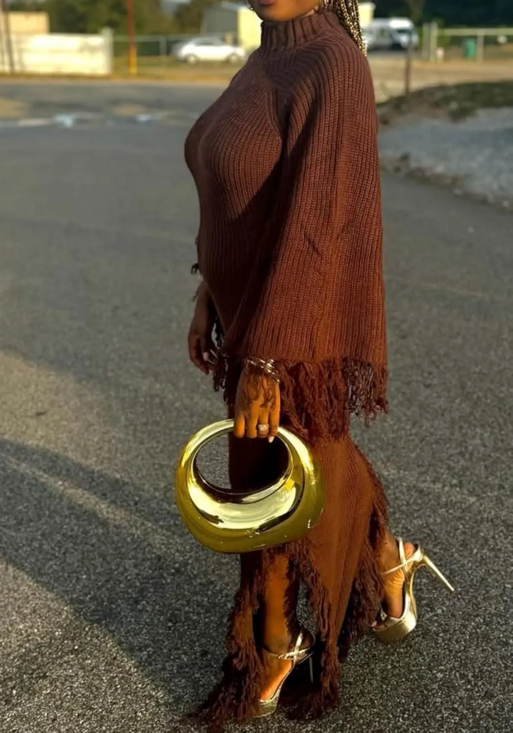 NRTHYE Women Fringe Long Sweater Dresses Knit Turtleneck Batwing Sleeve Sexy Side Slit Tassel Maxi Sweater Dress