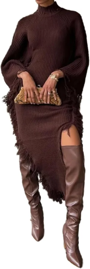 NRTHYE Women Fringe Long Sweater Dresses Knit Turtleneck Batwing Sleeve Sexy Side Slit Tassel Maxi Sweater Dress