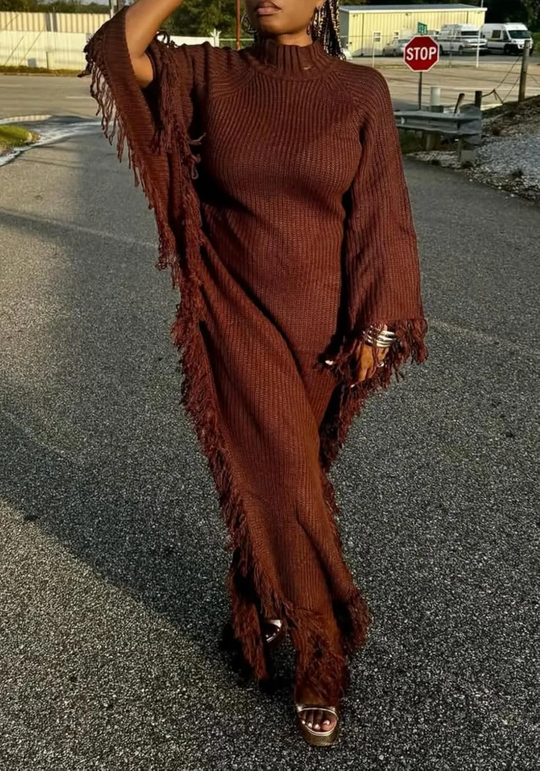 NRTHYE Women Fringe Long Sweater Dresses Knit Turtleneck Batwing Sleeve Sexy Side Slit Tassel Maxi Sweater Dress