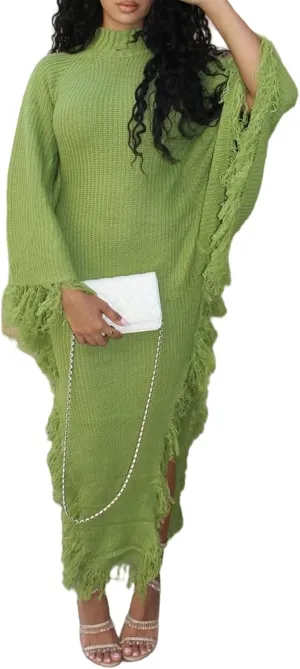 NRTHYE Women Fringe Long Sweater Dresses Knit Turtleneck Batwing Sleeve Sexy Side Slit Tassel Maxi Sweater Dress