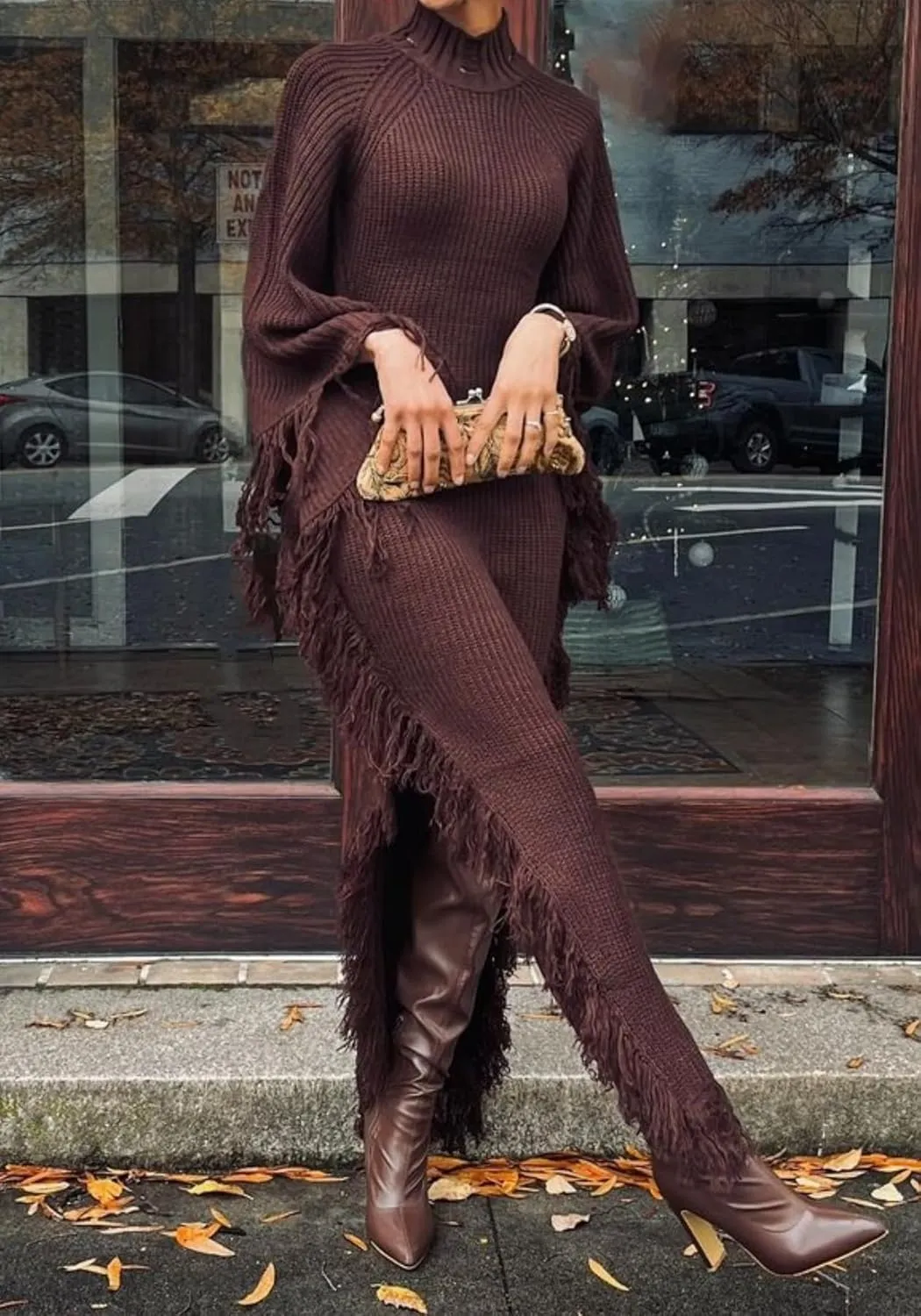 NRTHYE Women Fringe Long Sweater Dresses Knit Turtleneck Batwing Sleeve Sexy Side Slit Tassel Maxi Sweater Dress