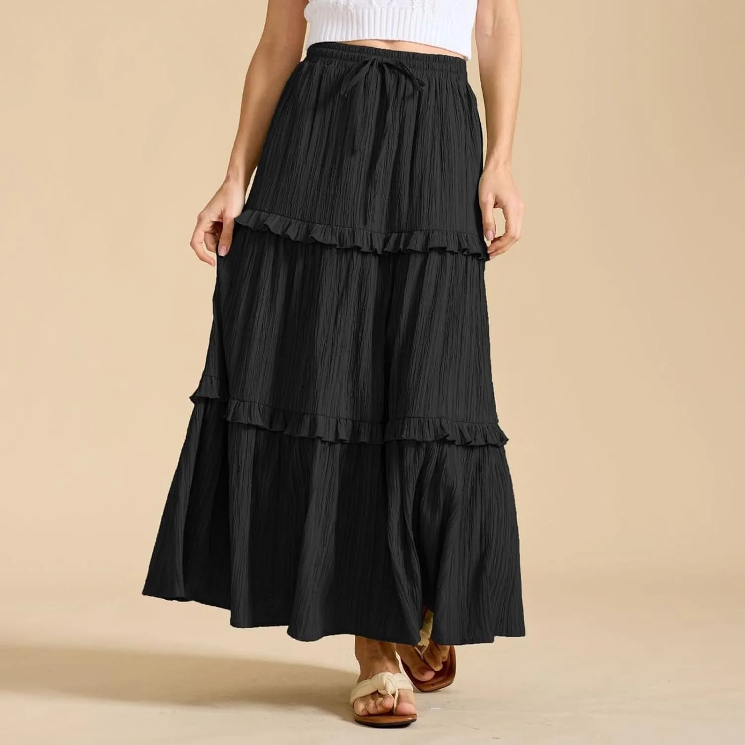 Oplxuo Maxi Skirts for Women High Waisted Elastic Drawstring Tiered Ruffle Maxi Skirt Solid Summer Vacation Casual Skirts