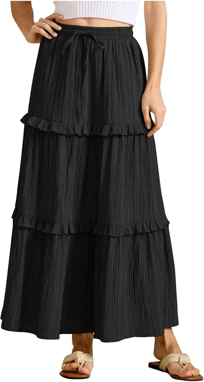 Oplxuo Maxi Skirts for Women High Waisted Elastic Drawstring Tiered Ruffle Maxi Skirt Solid Summer Vacation Casual Skirts