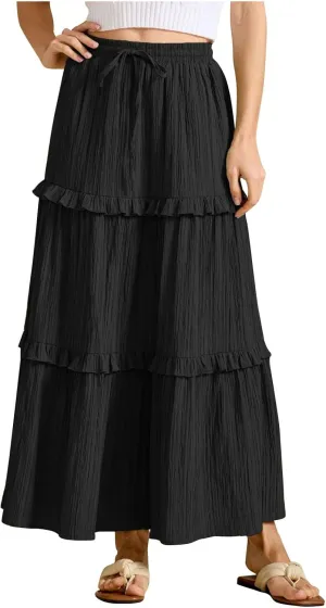 Oplxuo Maxi Skirts for Women High Waisted Elastic Drawstring Tiered Ruffle Maxi Skirt Solid Summer Vacation Casual Skirts