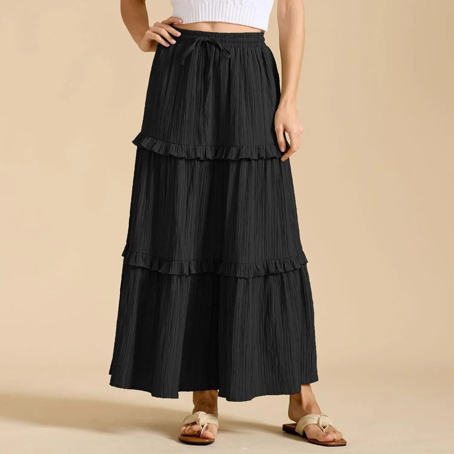 Oplxuo Maxi Skirts for Women High Waisted Elastic Drawstring Tiered Ruffle Maxi Skirt Solid Summer Vacation Casual Skirts