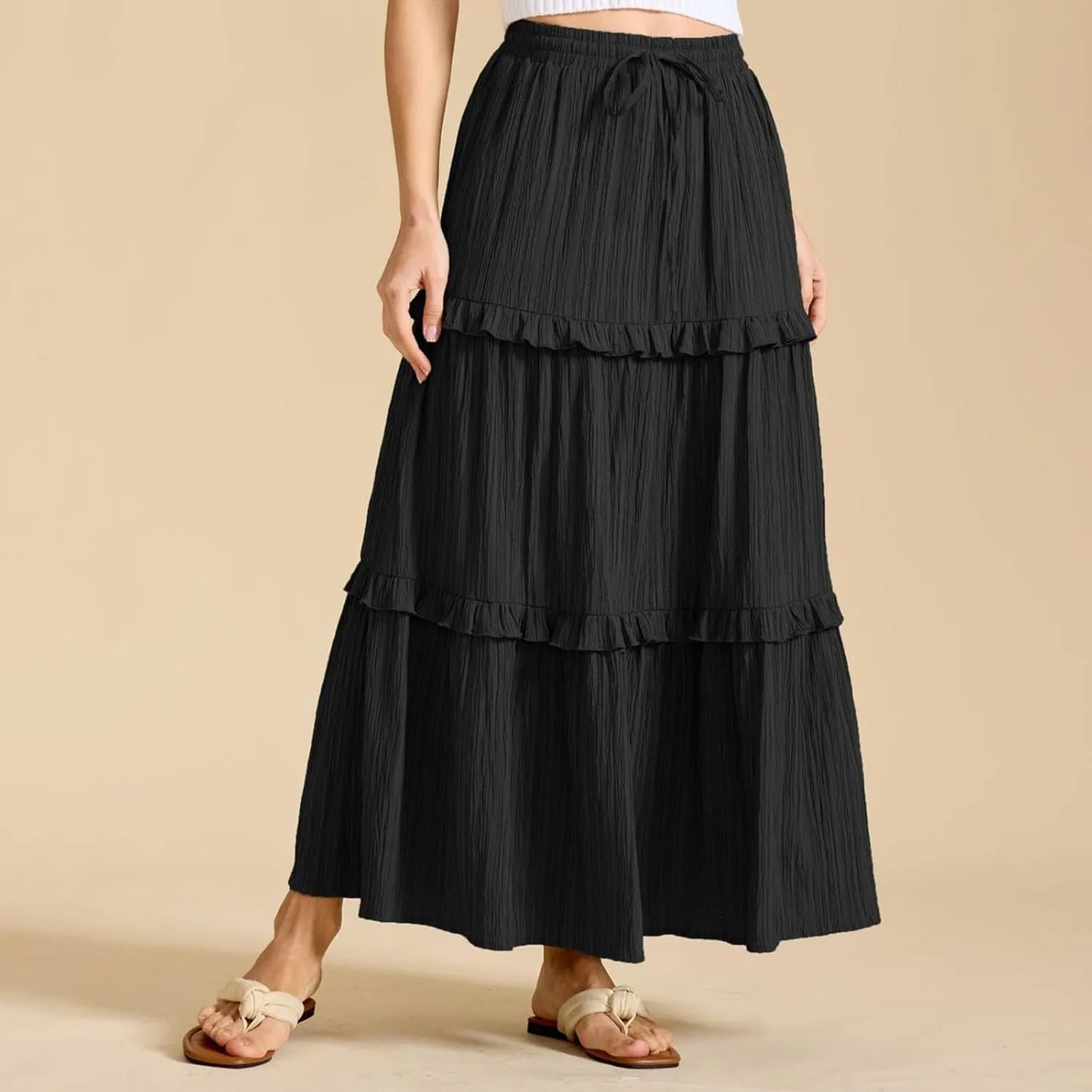 Oplxuo Maxi Skirts for Women High Waisted Elastic Drawstring Tiered Ruffle Maxi Skirt Solid Summer Vacation Casual Skirts