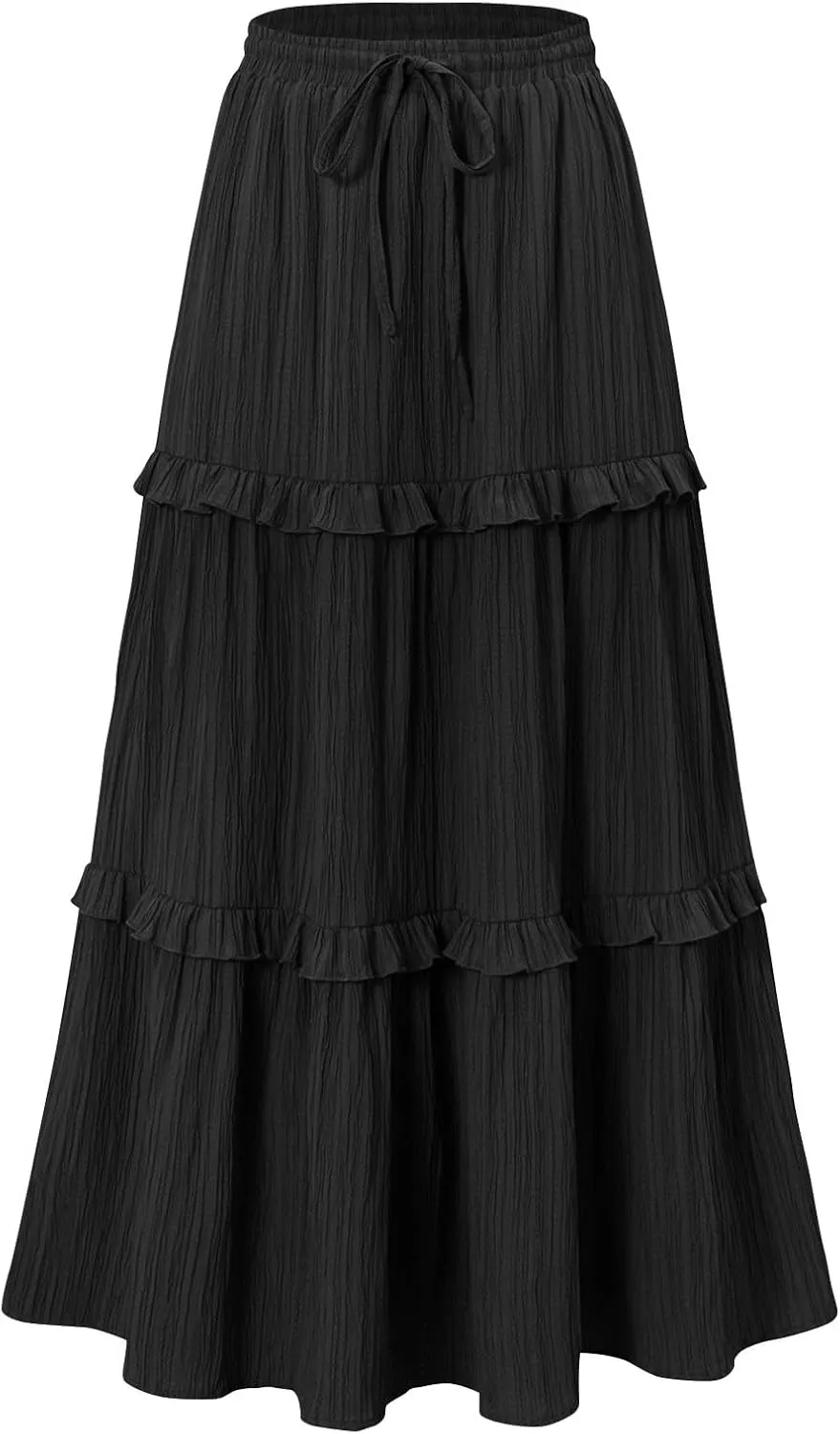 Oplxuo Maxi Skirts for Women High Waisted Elastic Drawstring Tiered Ruffle Maxi Skirt Solid Summer Vacation Casual Skirts