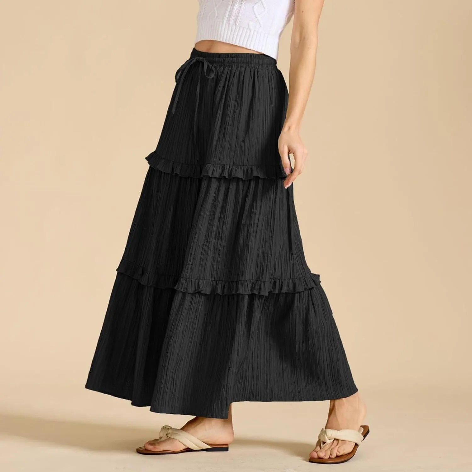 Oplxuo Maxi Skirts for Women High Waisted Elastic Drawstring Tiered Ruffle Maxi Skirt Solid Summer Vacation Casual Skirts