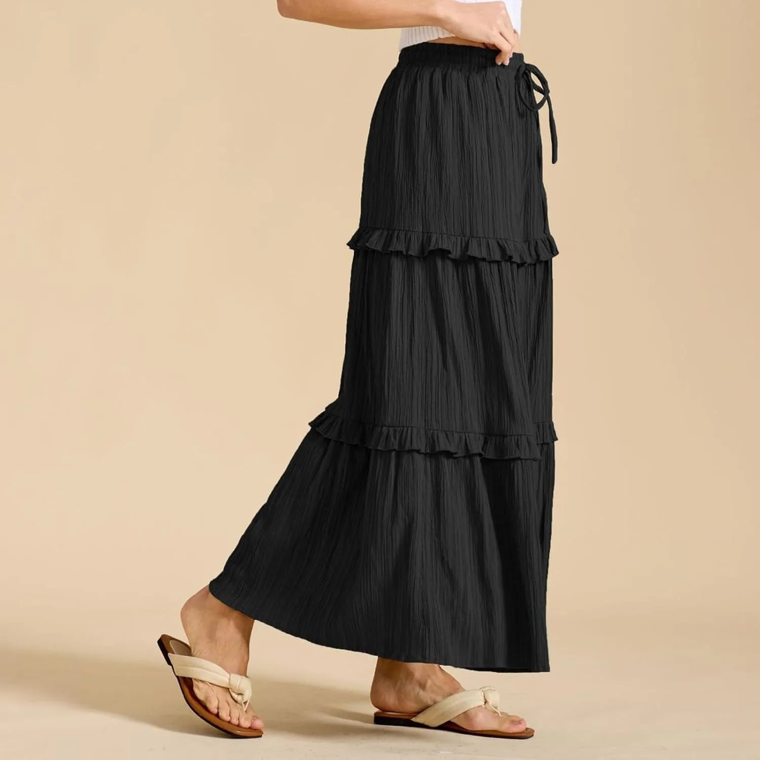 Oplxuo Maxi Skirts for Women High Waisted Elastic Drawstring Tiered Ruffle Maxi Skirt Solid Summer Vacation Casual Skirts