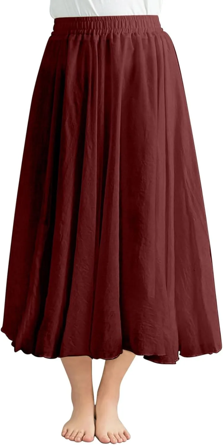 Oplxuo Women Bohemian Style Maxi Skirt High Elastic Waist Summer Vacation Flowy Swing Long Skirts