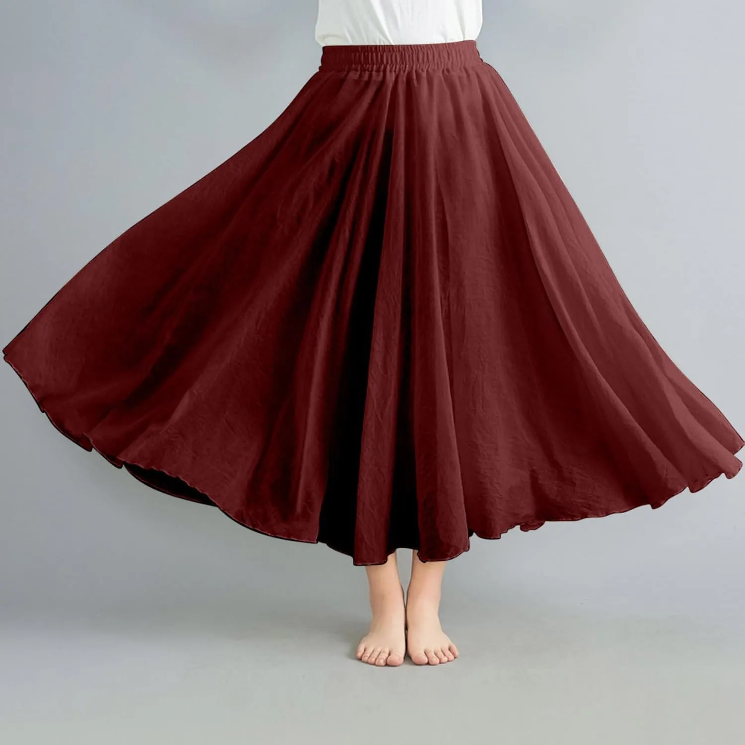 Oplxuo Women Bohemian Style Maxi Skirt High Elastic Waist Summer Vacation Flowy Swing Long Skirts
