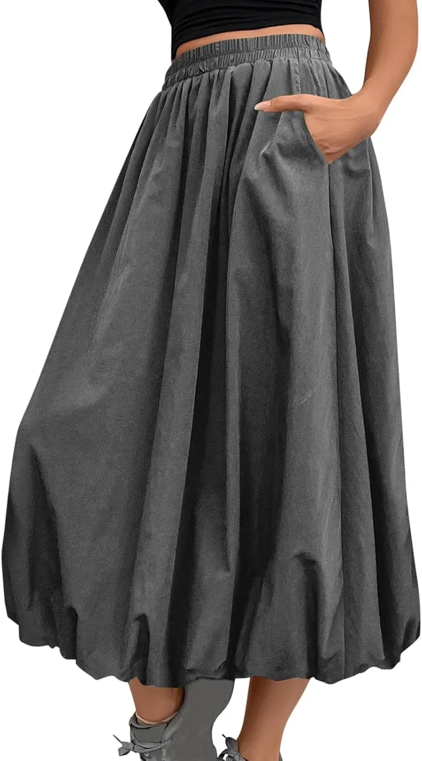 Oplxuo Women Bubble Maxi Skirt Elastic High Waisted Flowy A Line Long Puff Skirts Ruffle Hem Balloon Skirts with Pockets