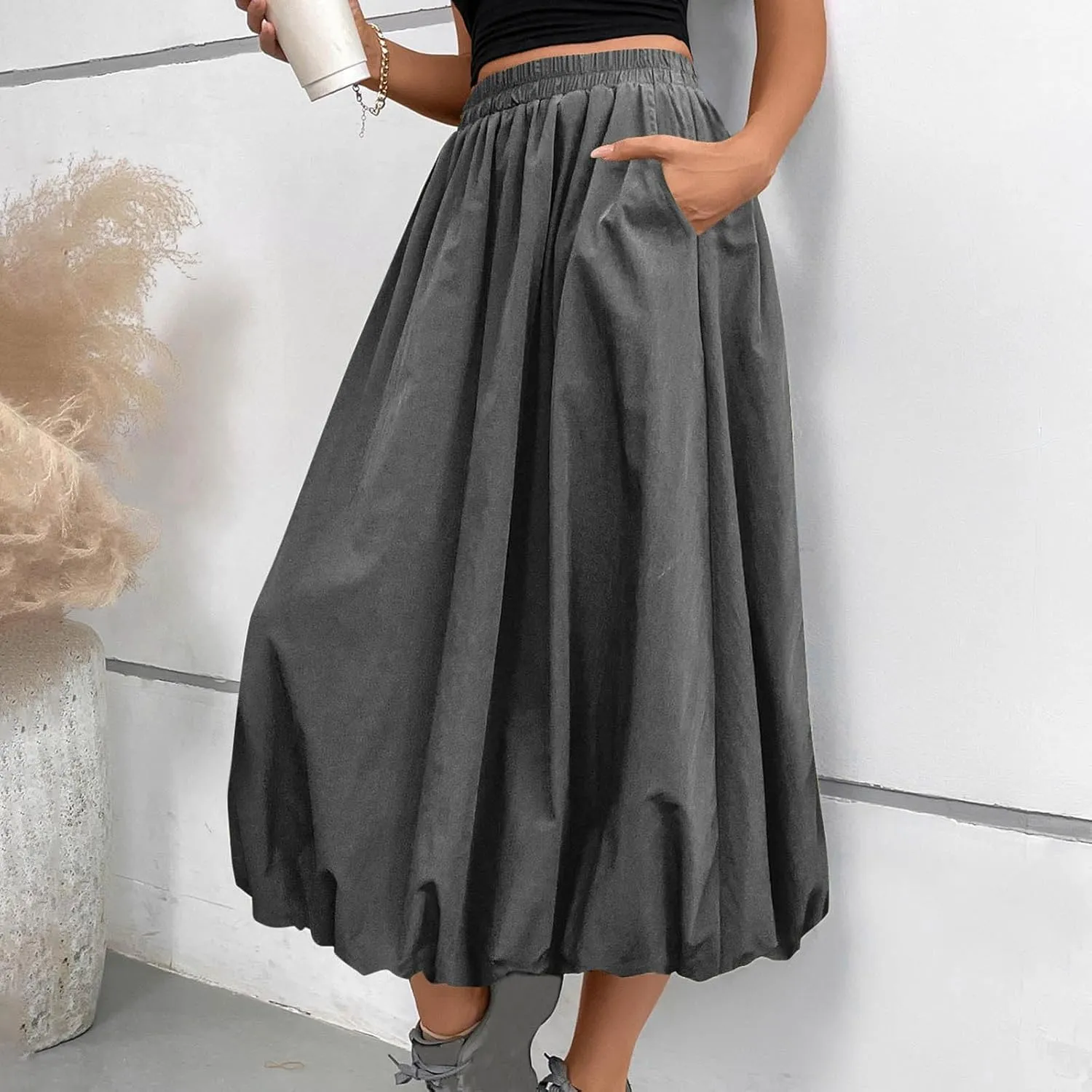 Oplxuo Women Bubble Maxi Skirt Elastic High Waisted Flowy A Line Long Puff Skirts Ruffle Hem Balloon Skirts with Pockets