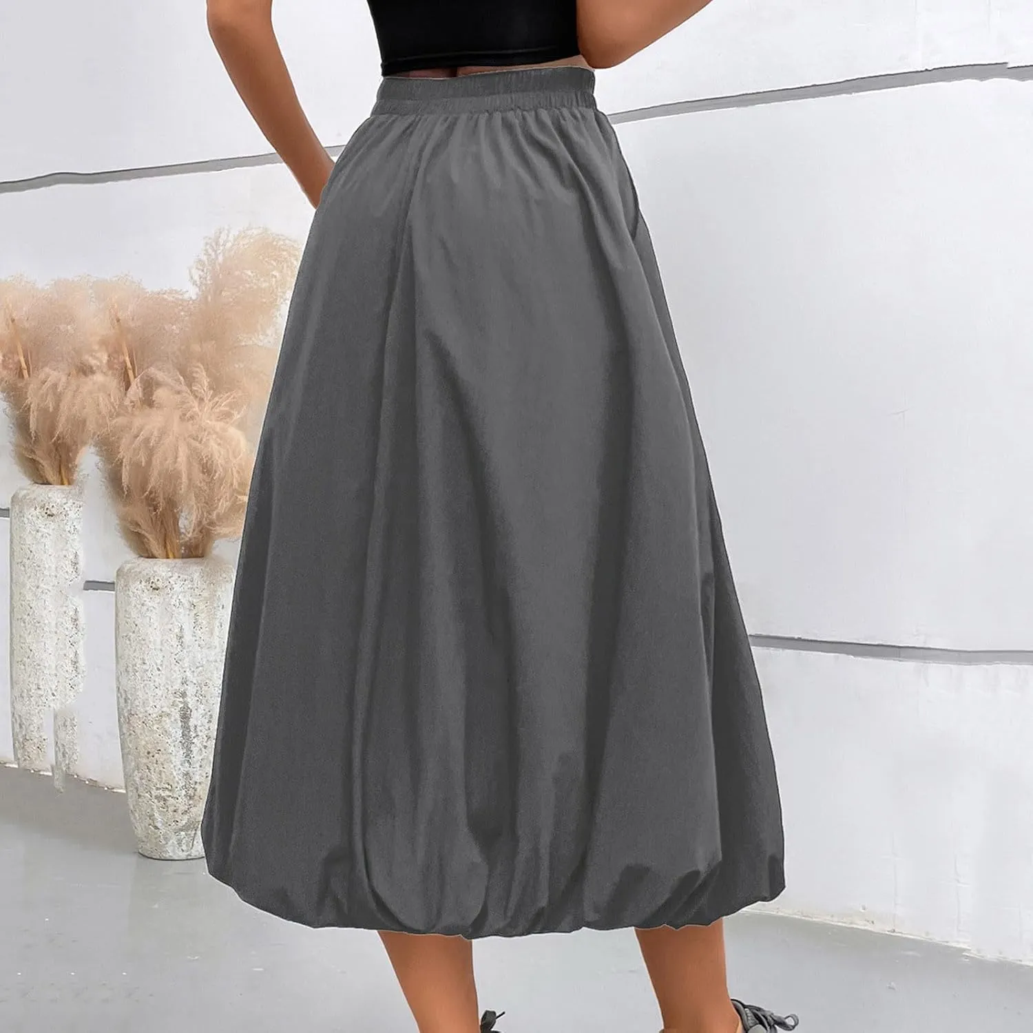 Oplxuo Women Bubble Maxi Skirt Elastic High Waisted Flowy A Line Long Puff Skirts Ruffle Hem Balloon Skirts with Pockets