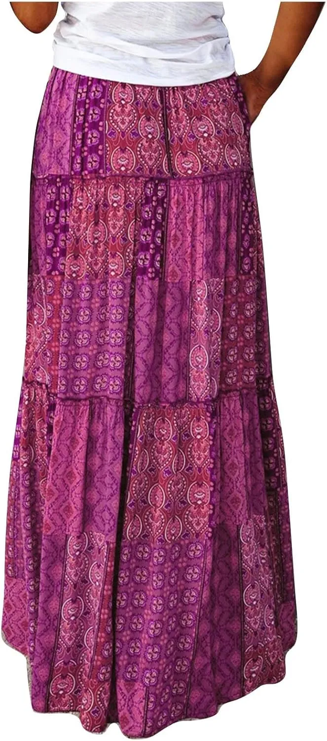 Oplxuo Women's Boho Maxi Skirt Paisley Print Summer Beach Long Skirts Tiered A-line Swing High Waist Flare Flowy Skirt