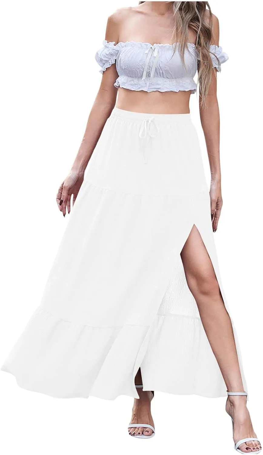 Oplxuo Women's Boho Maxi Skirt with Slit Summer Casual Elastic High Waist Flowy Swing Tiered A Line Beach Long Skirts