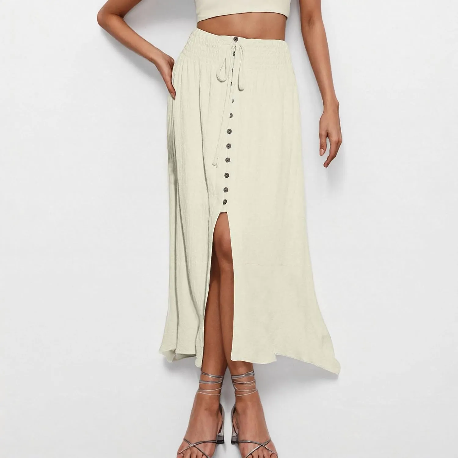 Oplxuo Women's Elastic Tie Waist Button Down Maxi Skirts Casual Loose Flowy Swing Slit Front Long Skirt