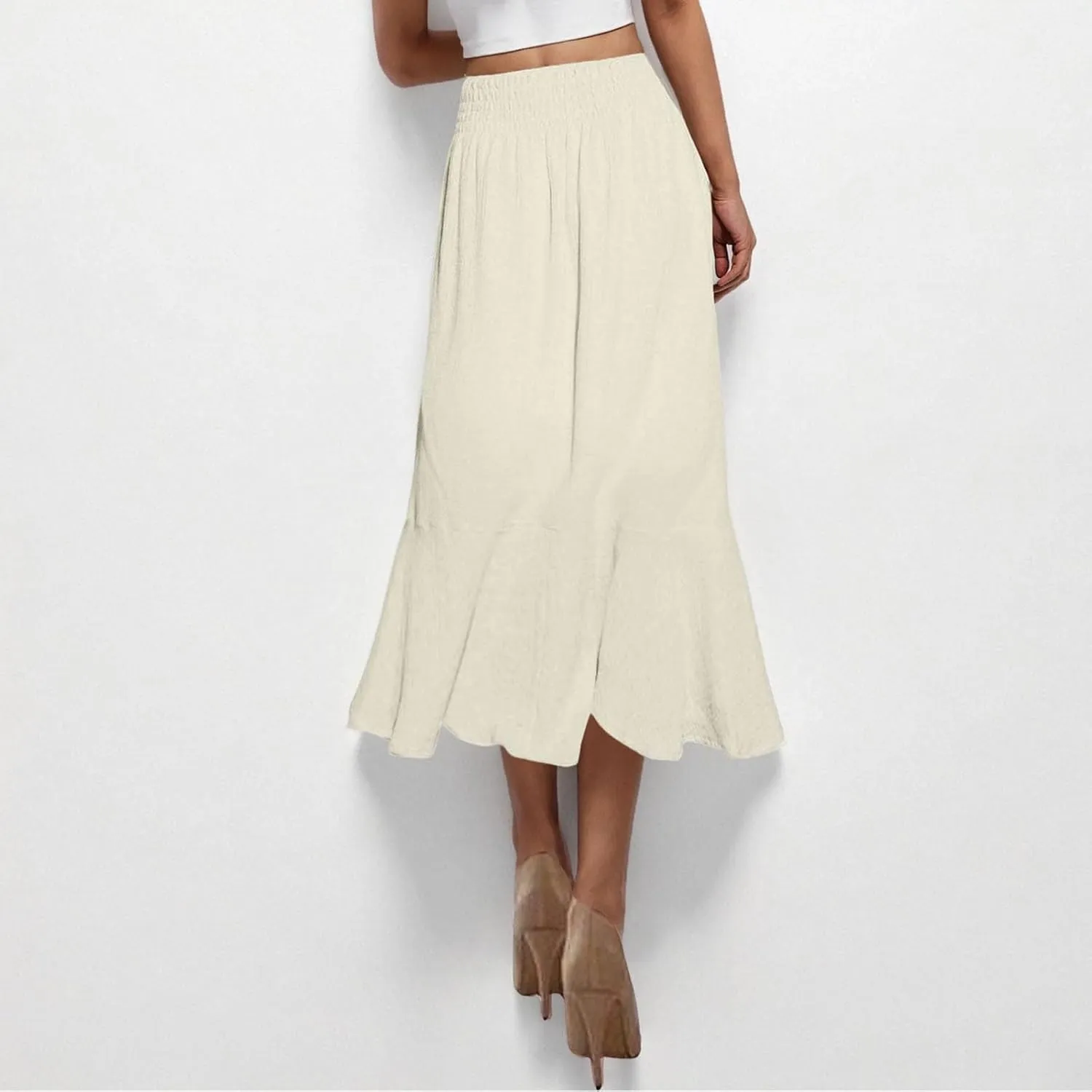 Oplxuo Women's Elastic Tie Waist Button Down Maxi Skirts Casual Loose Flowy Swing Slit Front Long Skirt