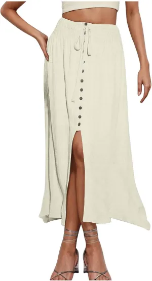 Oplxuo Women's Elastic Tie Waist Button Down Maxi Skirts Casual Loose Flowy Swing Slit Front Long Skirt