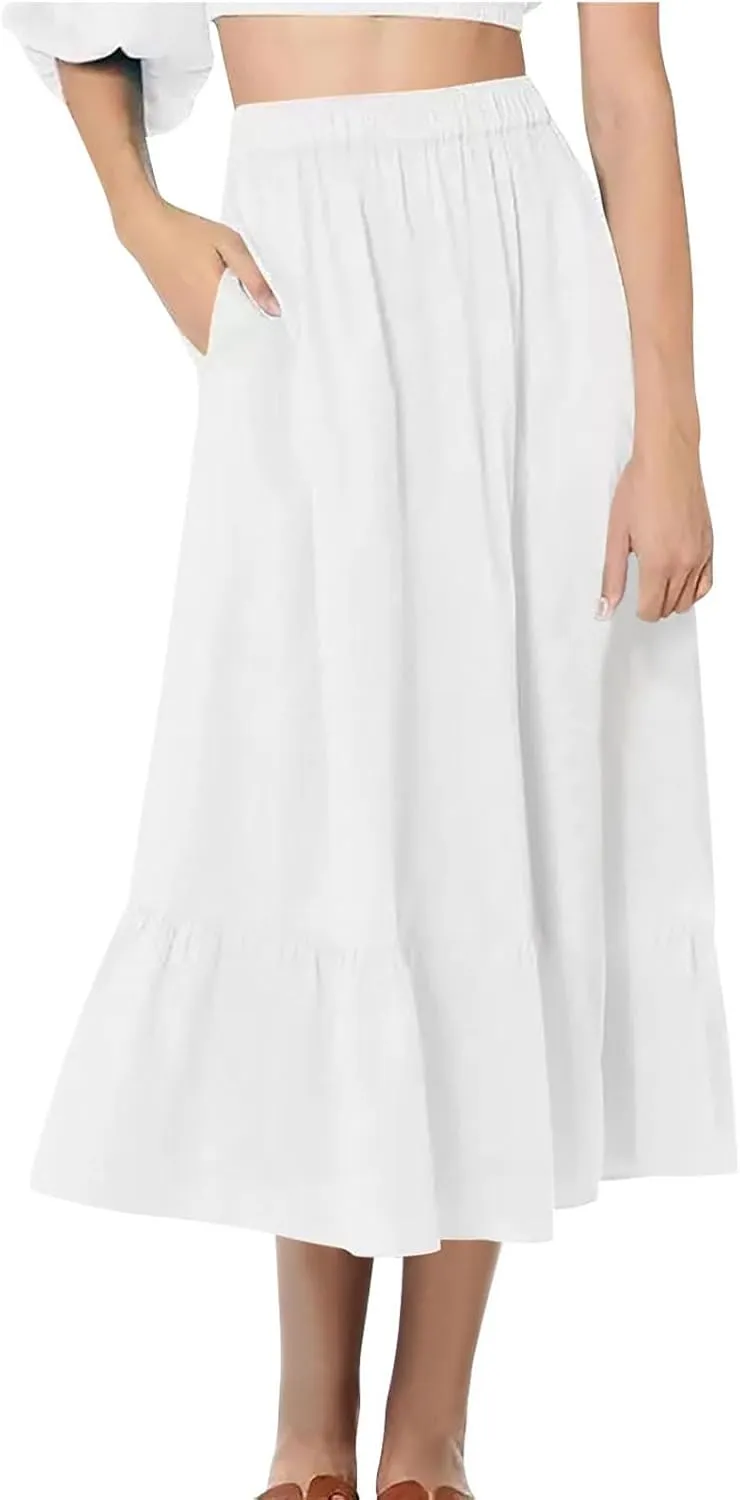 Oplxuo Women's Summer Beach Long Skirt A-Line Flowy Tiered Ruffle Elastic High Waist Solid Boho Maxi Skirts with Pockets