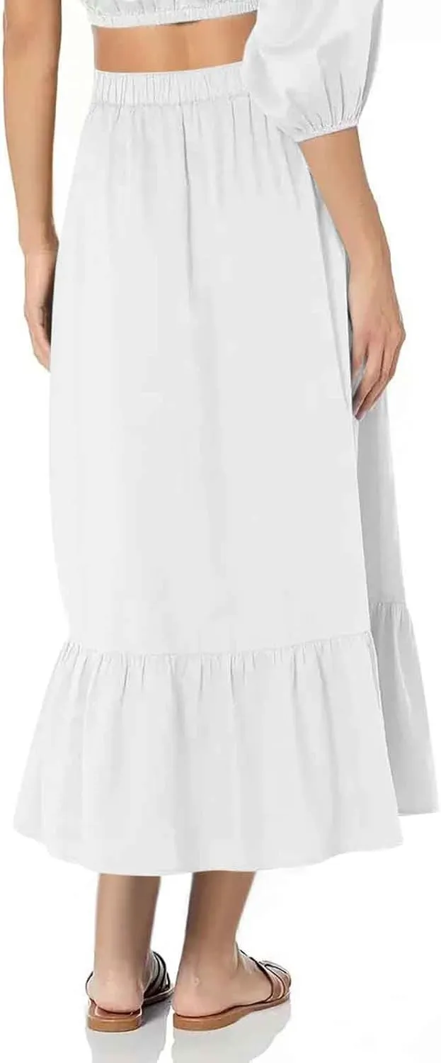 Oplxuo Women's Summer Beach Long Skirt A-Line Flowy Tiered Ruffle Elastic High Waist Solid Boho Maxi Skirts with Pockets