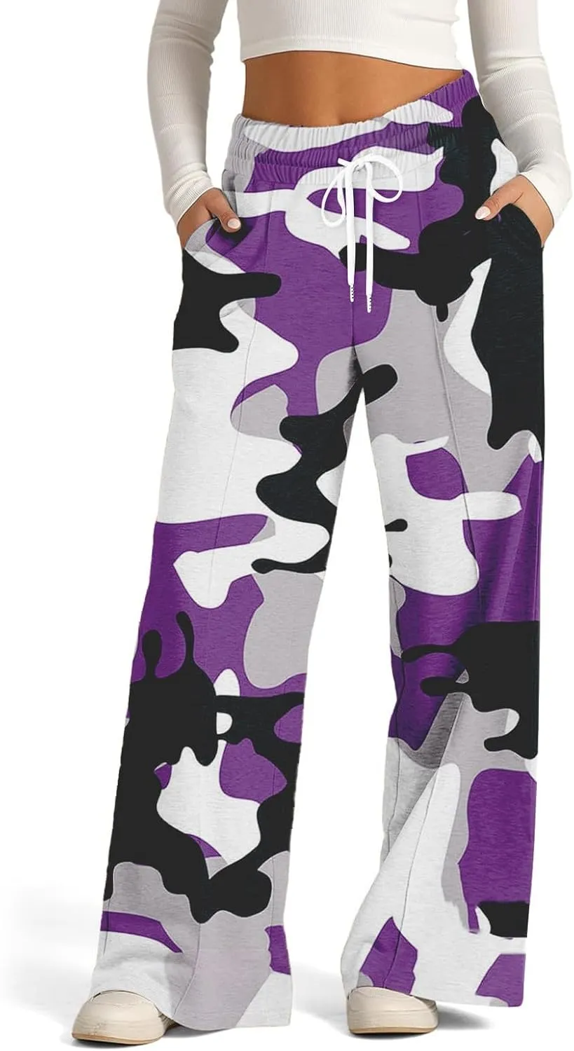 Oversized Wide Leg Sweatpants Women Low Rise Camo Sweatpants Drawstring Flare Sweatpants Baggy Lounge Pants w/Pockets