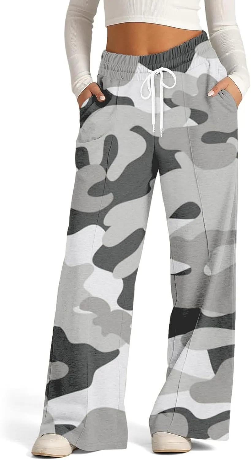 Oversized Wide Leg Sweatpants Women Low Rise Camo Sweatpants Drawstring Flare Sweatpants Baggy Lounge Pants w/Pockets