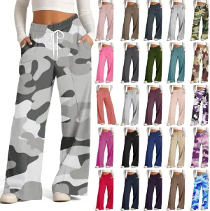Oversized Wide Leg Sweatpants Women Low Rise Camo Sweatpants Drawstring Flare Sweatpants Baggy Lounge Pants w/Pockets