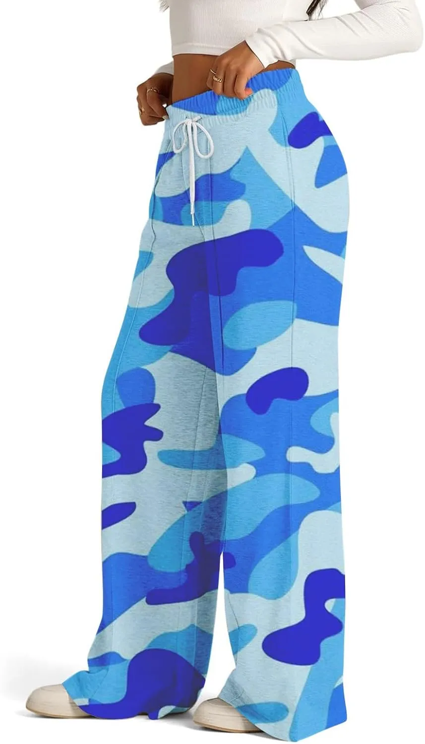 Oversized Wide Leg Sweatpants Women Low Rise Camo Sweatpants Drawstring Flare Sweatpants Baggy Lounge Pants w/Pockets