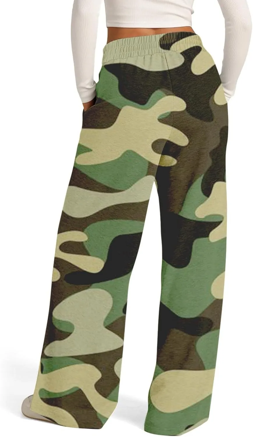Oversized Wide Leg Sweatpants Women Low Rise Camo Sweatpants Drawstring Flare Sweatpants Baggy Lounge Pants w/Pockets