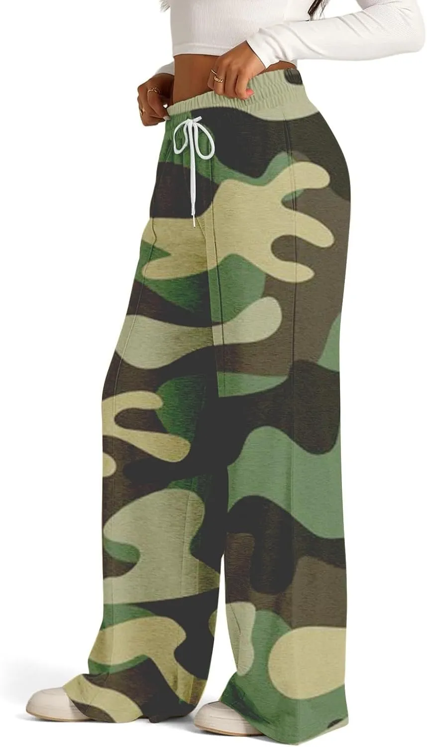 Oversized Wide Leg Sweatpants Women Low Rise Camo Sweatpants Drawstring Flare Sweatpants Baggy Lounge Pants w/Pockets