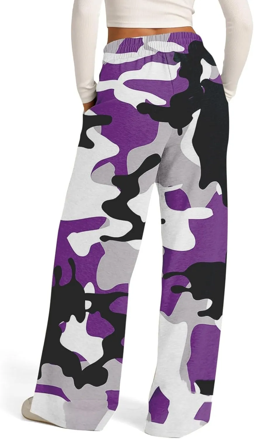 Oversized Wide Leg Sweatpants Women Low Rise Camo Sweatpants Drawstring Flare Sweatpants Baggy Lounge Pants w/Pockets