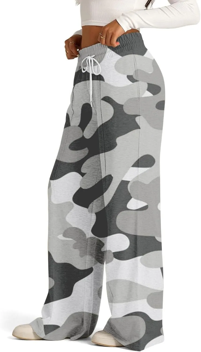 Oversized Wide Leg Sweatpants Women Low Rise Camo Sweatpants Drawstring Flare Sweatpants Baggy Lounge Pants w/Pockets