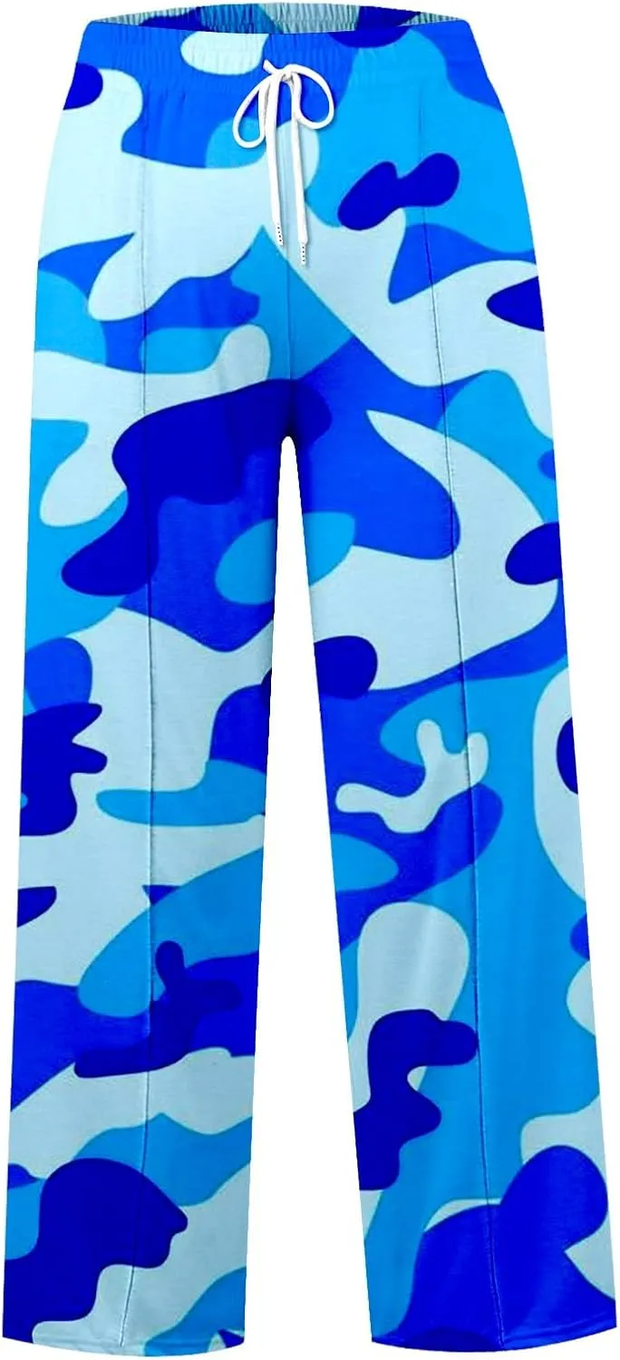Oversized Wide Leg Sweatpants Women Low Rise Camo Sweatpants Drawstring Flare Sweatpants Baggy Lounge Pants w/Pockets
