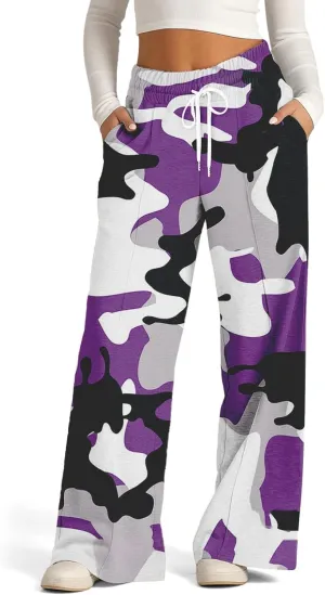 Oversized Wide Leg Sweatpants Women Low Rise Camo Sweatpants Drawstring Flare Sweatpants Baggy Lounge Pants w/Pockets