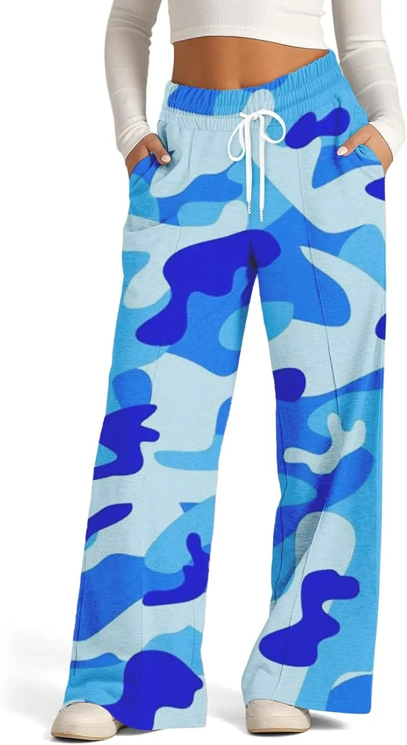 Oversized Wide Leg Sweatpants Women Low Rise Camo Sweatpants Drawstring Flare Sweatpants Baggy Lounge Pants w/Pockets