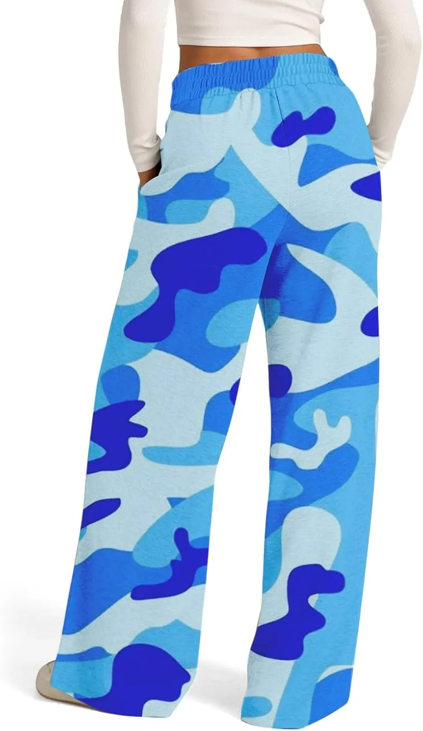Oversized Wide Leg Sweatpants Women Low Rise Camo Sweatpants Drawstring Flare Sweatpants Baggy Lounge Pants w/Pockets