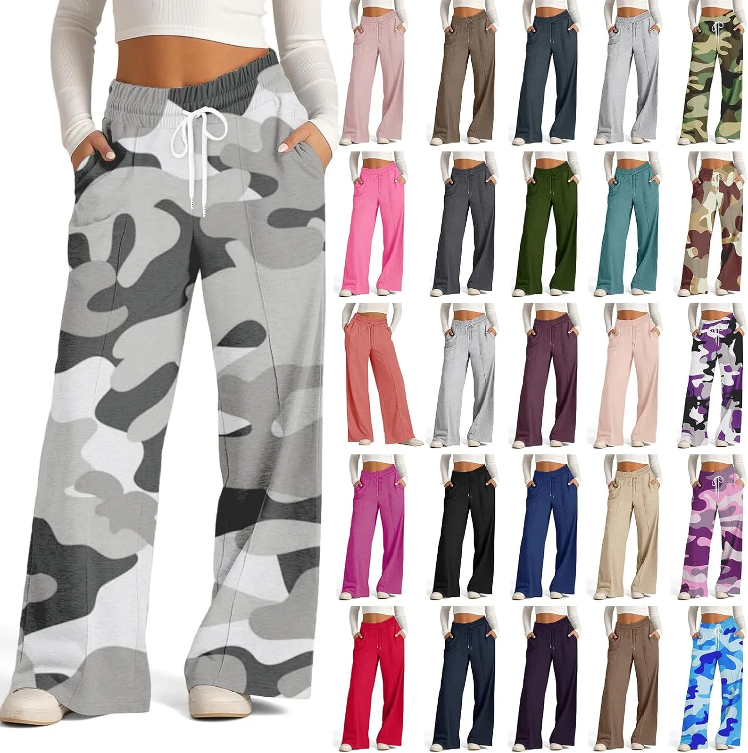 Oversized Wide Leg Sweatpants Women Low Rise Camo Sweatpants Drawstring Flare Sweatpants Baggy Lounge Pants w/Pockets