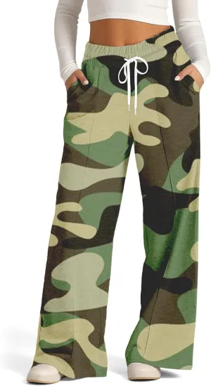 Oversized Wide Leg Sweatpants Women Low Rise Camo Sweatpants Drawstring Flare Sweatpants Baggy Lounge Pants w/Pockets