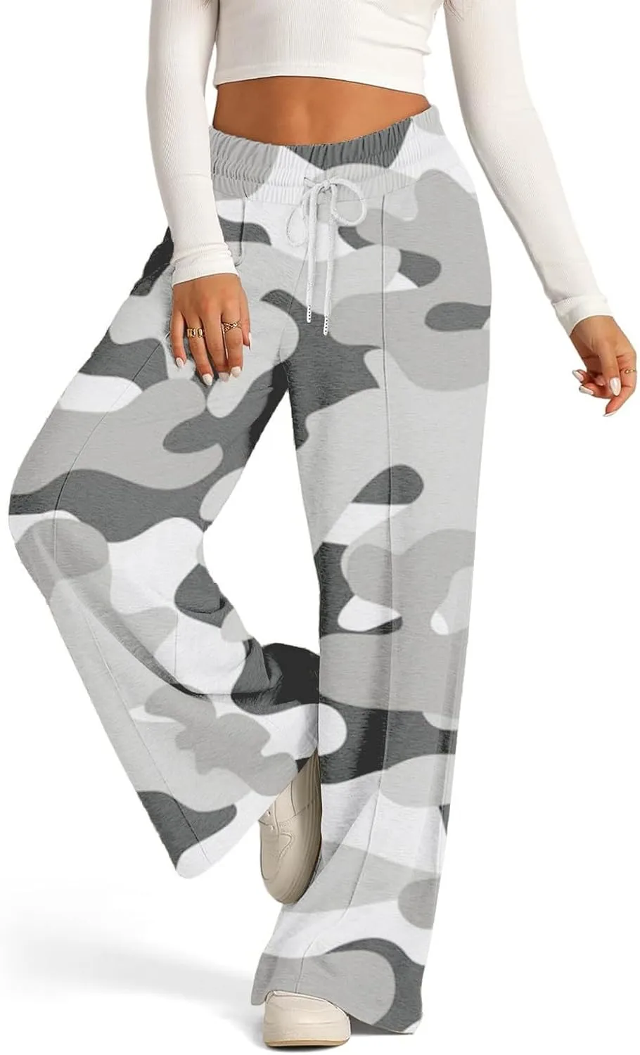 Oversized Wide Leg Sweatpants Women Low Rise Camo Sweatpants Drawstring Flare Sweatpants Baggy Lounge Pants w/Pockets