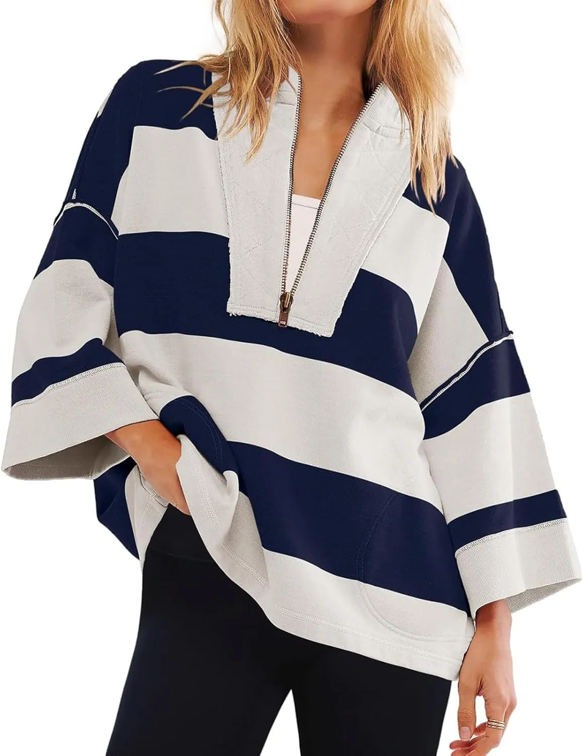 Oversized Womens T Shirts Fall Spring Sweatshirt Half Zipper Turtleneck Sweater Long Sleeve Tops for Women